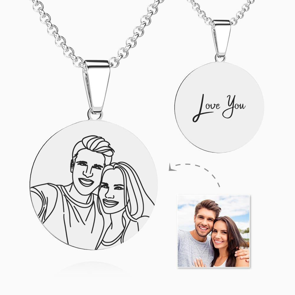 Custom Line Art Photo Engraved Necklace Stainless Steel Round Gift for Her - soufeelau