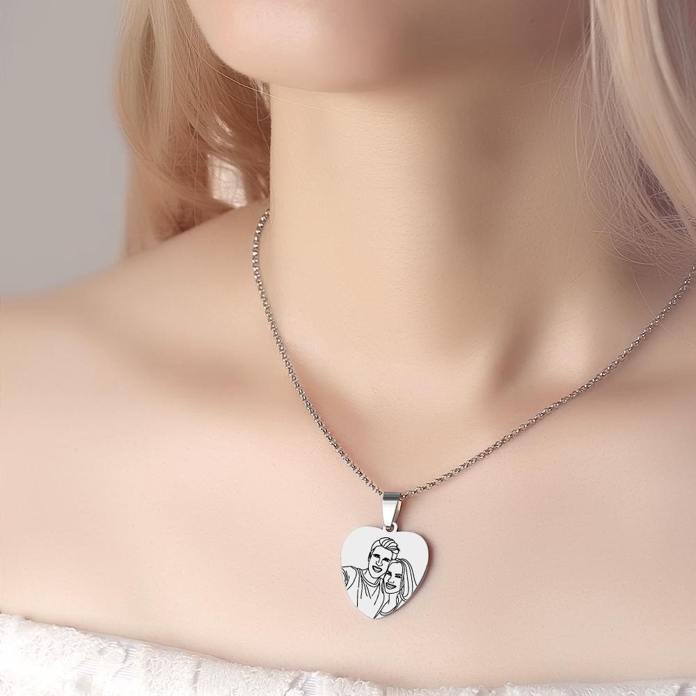 Custom Line Art Photo Engraved Necklace Stainless Steel Round Gift for Her - soufeelau