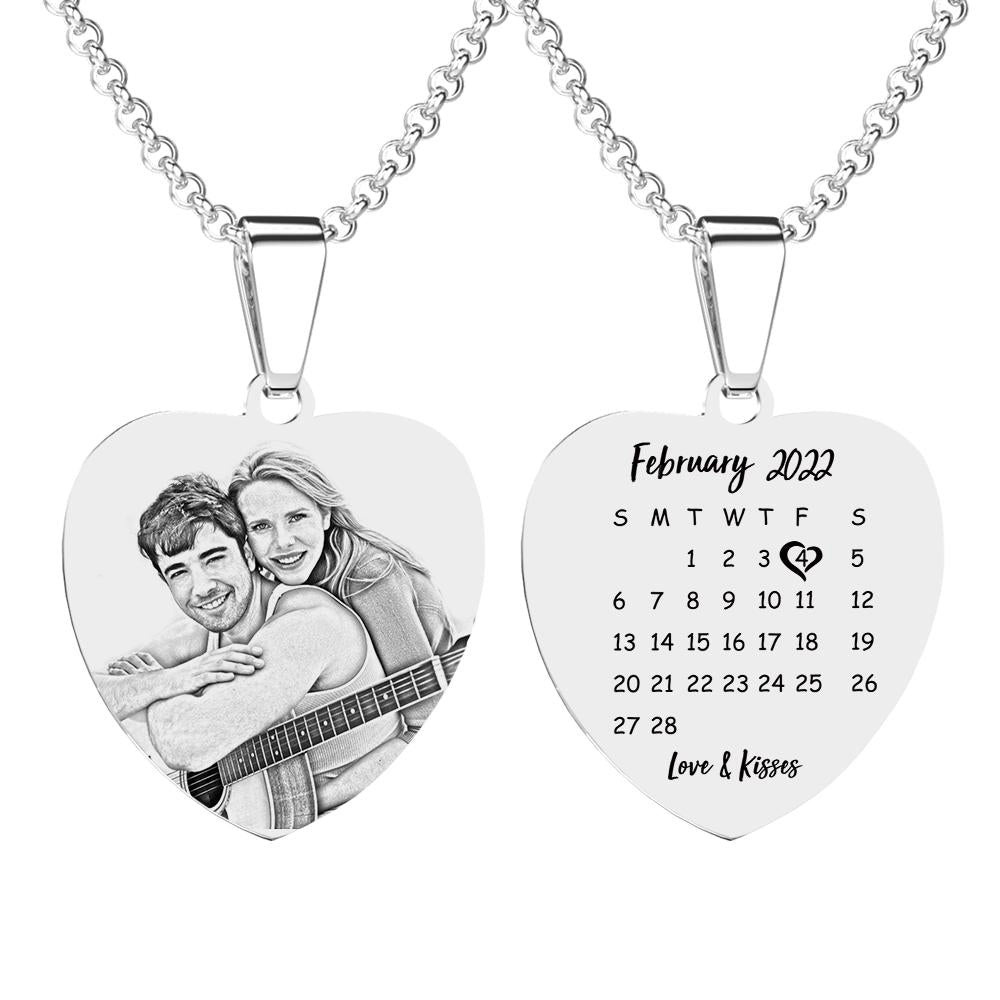 Engraved Heart Calendar Tag Photo Necklace Stainless Steel Gifts for Your Lover