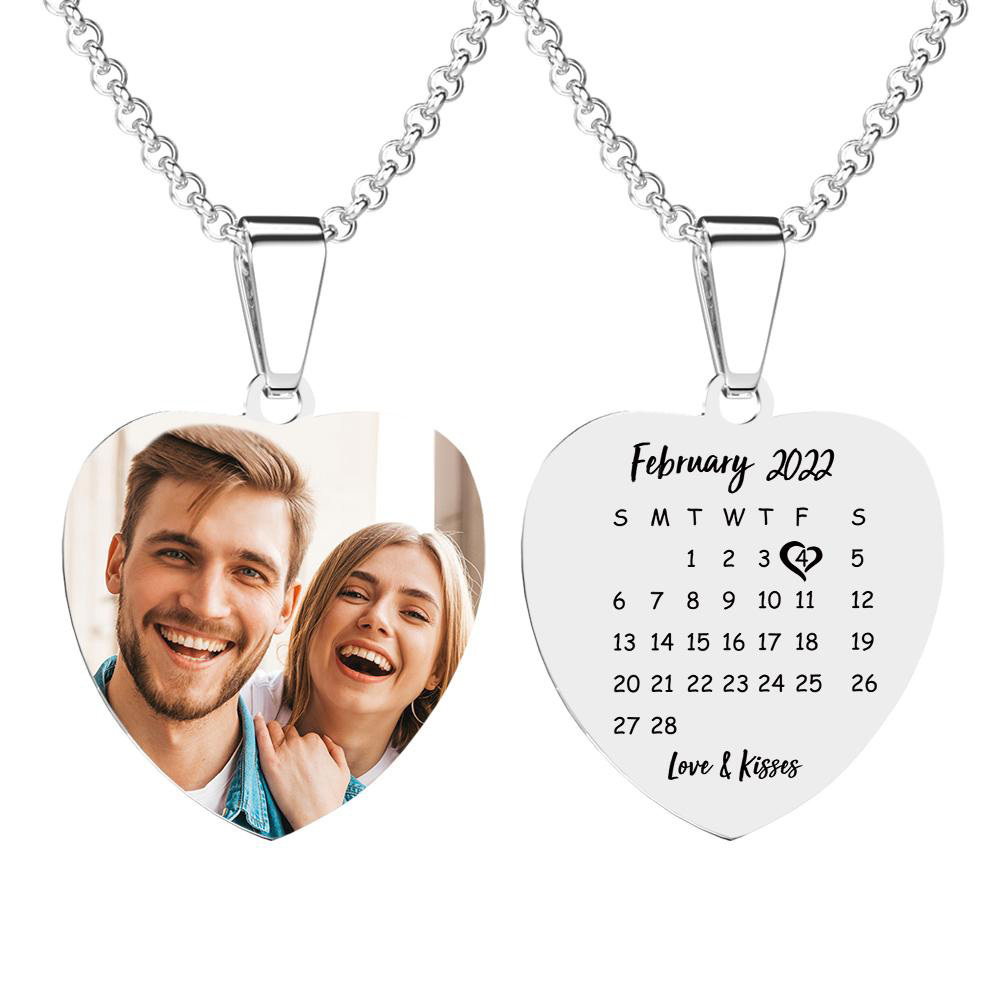 Engraved Heart Calendar Tag Photo Necklace Stainless Steel Gifts for Your Lover
