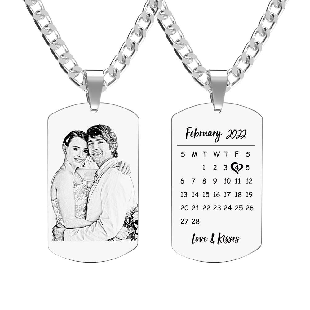 Engraved Heart Calendar Tag Photo Necklace Stainless Steel Gifts for Your Lover