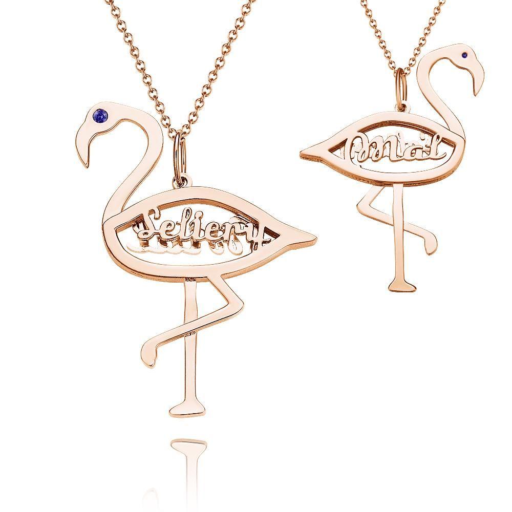 Custom Name Birthstone Necklace Flamingo Pendant Birthday Gifts Rose Gold Plated Silver