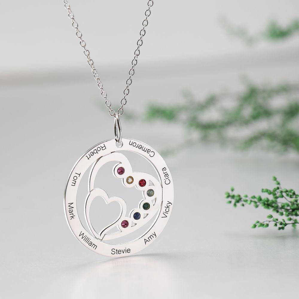 Round and Heart Engraved Necklace Silver with Custom Birthstone