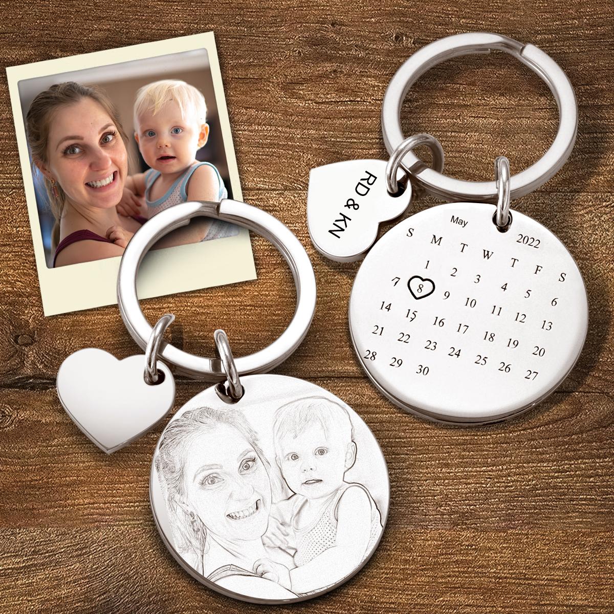 Custom Photo Engraved Keychain Date Save Keychain Significant Date Marker Custom Anniversary Gift For Mom - soufeelau