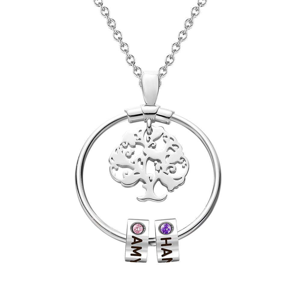 Life Tree Engraved Necklace With Custom One Birthstone Gifts - Silver