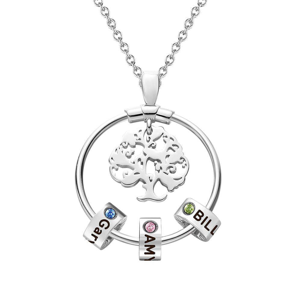 Life Tree Engraved Necklace With Custom One Birthstone Gifts - Silver