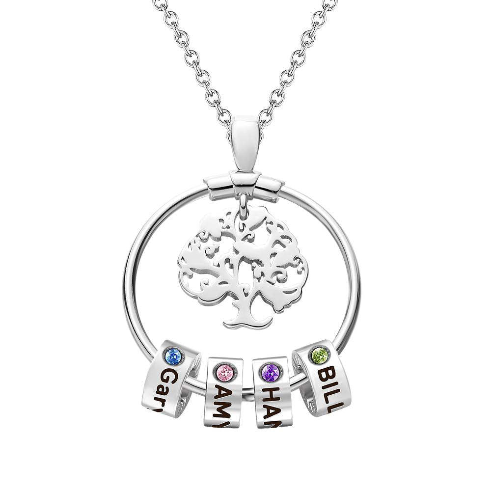 Life Tree Engraved Necklace With Custom One Birthstone Gifts - Silver