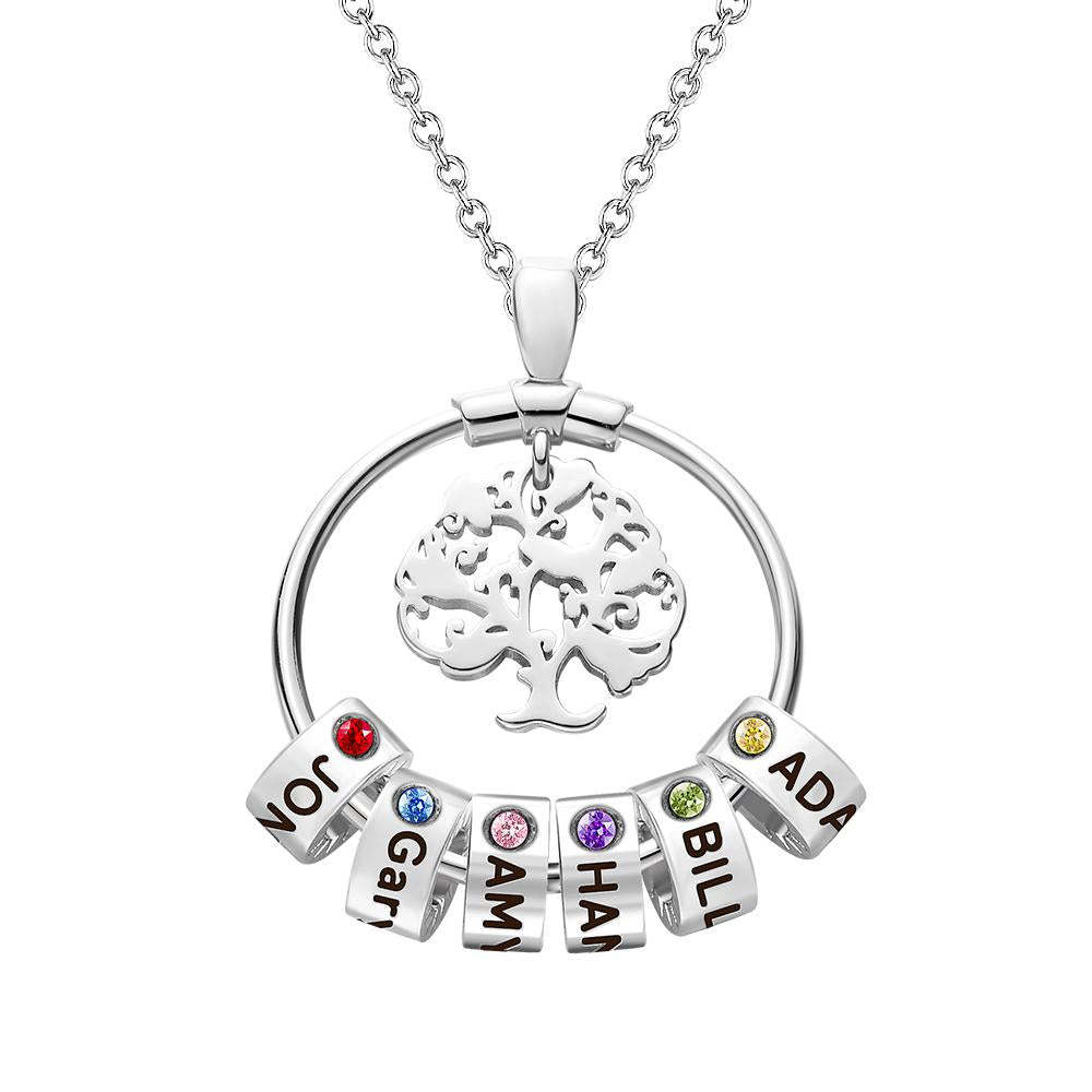 Life Tree Engraved Necklace With Custom One Birthstone Gifts - Silver