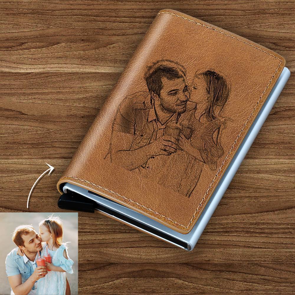 Photo Engraved Card Case, Leather Wallet Best Gift for Men