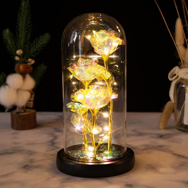 Romantic Simulation Eternal Three Colorful Roses Glass Cover LED  Micro Landscape,  Valentine's Day and Anniversary拢卢Christmas Gifts