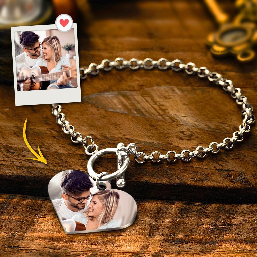 Custom Photo Bracelet with Heart Gifts for Her Rose Gold