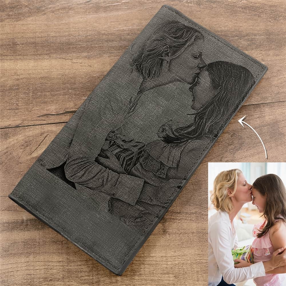 Men's Long Style Bifold Custom Inscription Photo Engraved Wallet - Blue Leather