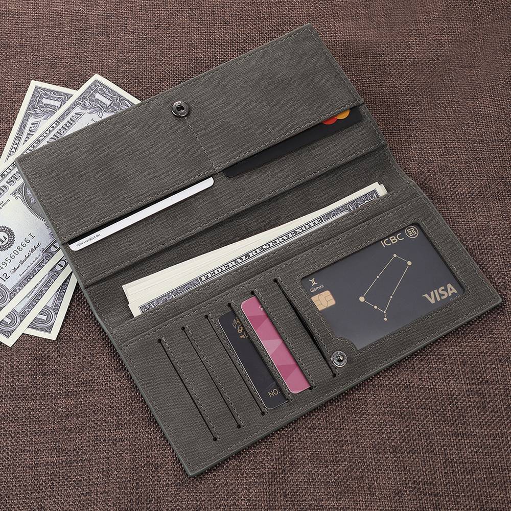 Men's Long Style Bifold Custom Inscription Photo Wallet - Grey Leather