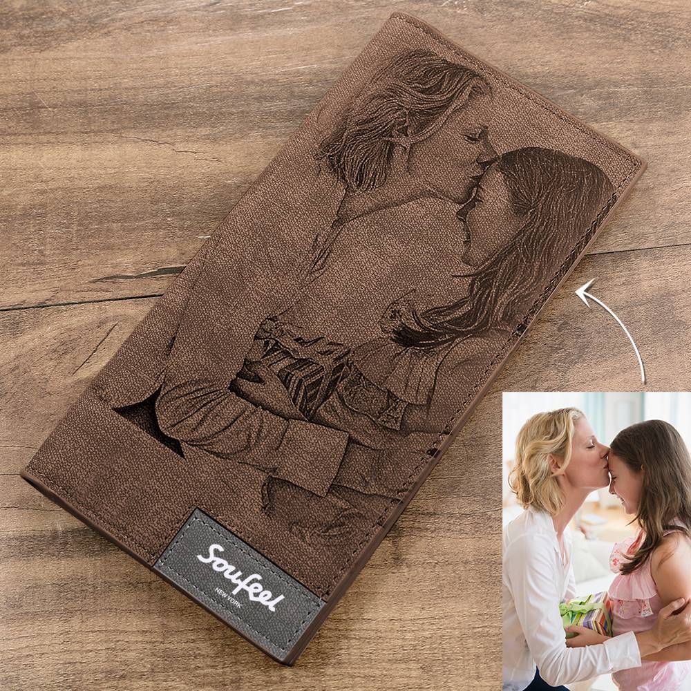 Men's Long Style Bifold Custom Inscription Photo Engraved Wallet - Blue Leather