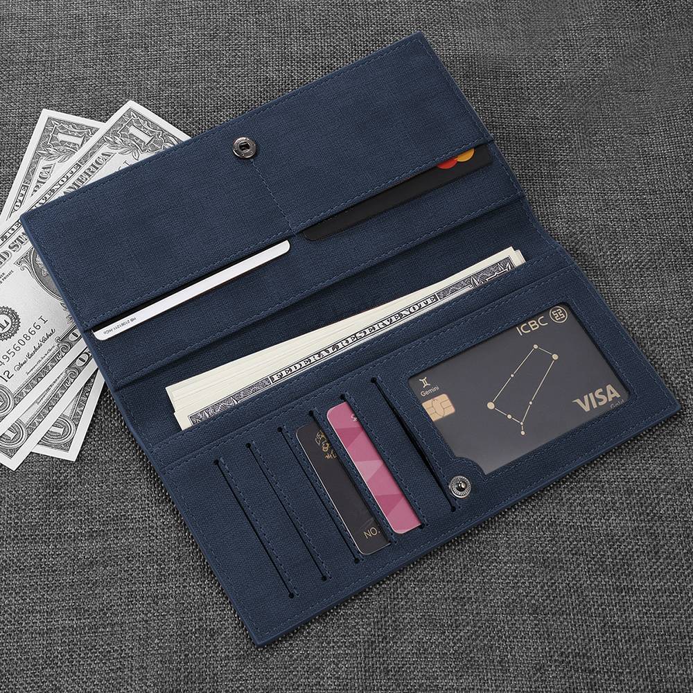 Men's Long Style Bifold Custom Inscription Photo Engraved Wallet - Blue Leather