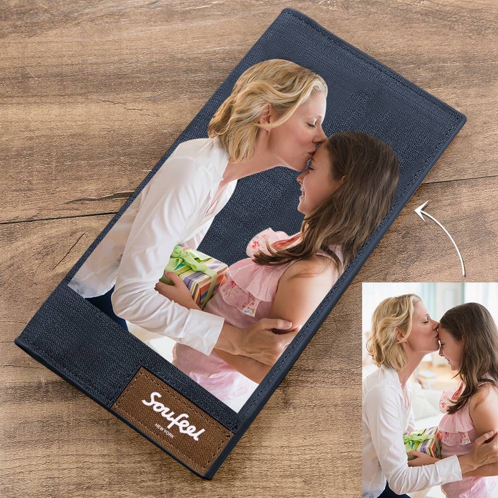 Men's Long Style Bifold Custom Inscription Photo Wallet - Blue Leather