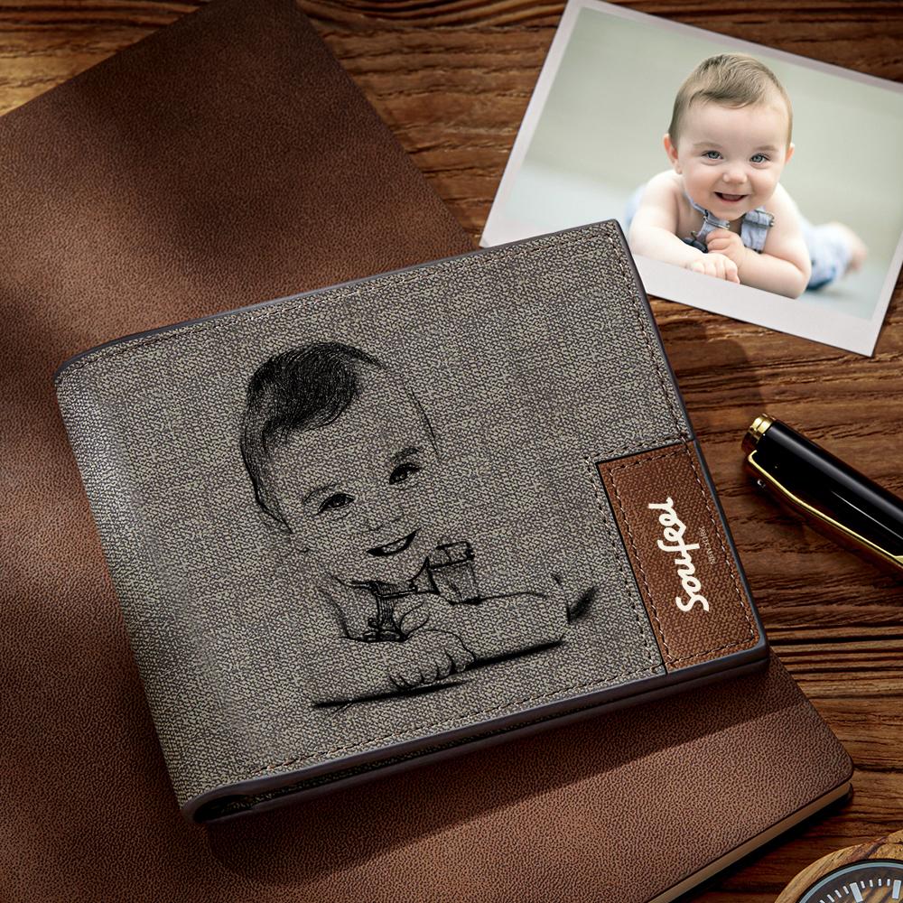 Men's Bifold Custom Inscription Photo Engraved Wallet - Grey Leather Gift for Men