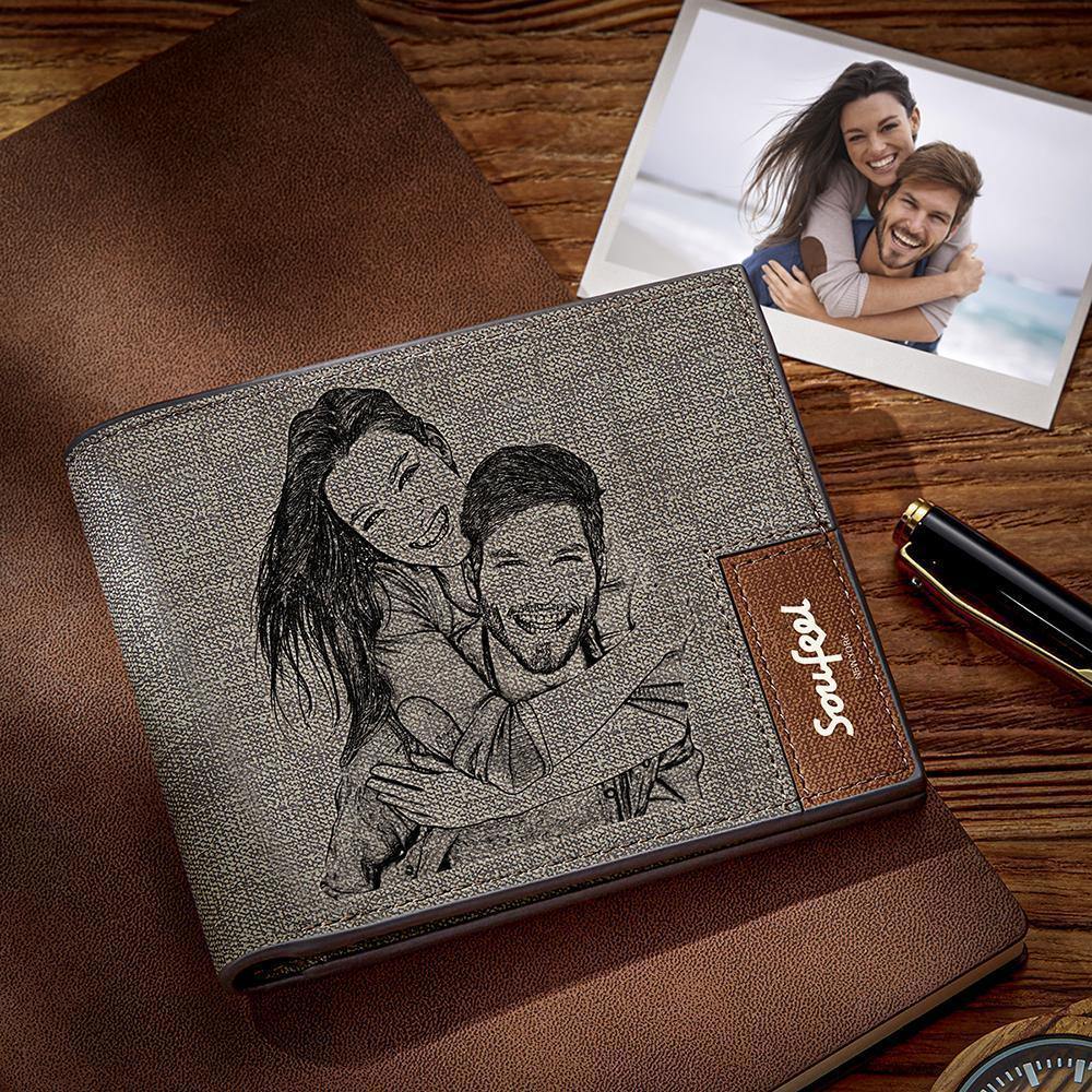 Men's Bifold Custom Inscription Photo Engraved Wallet - Grey Leather Gift for Family