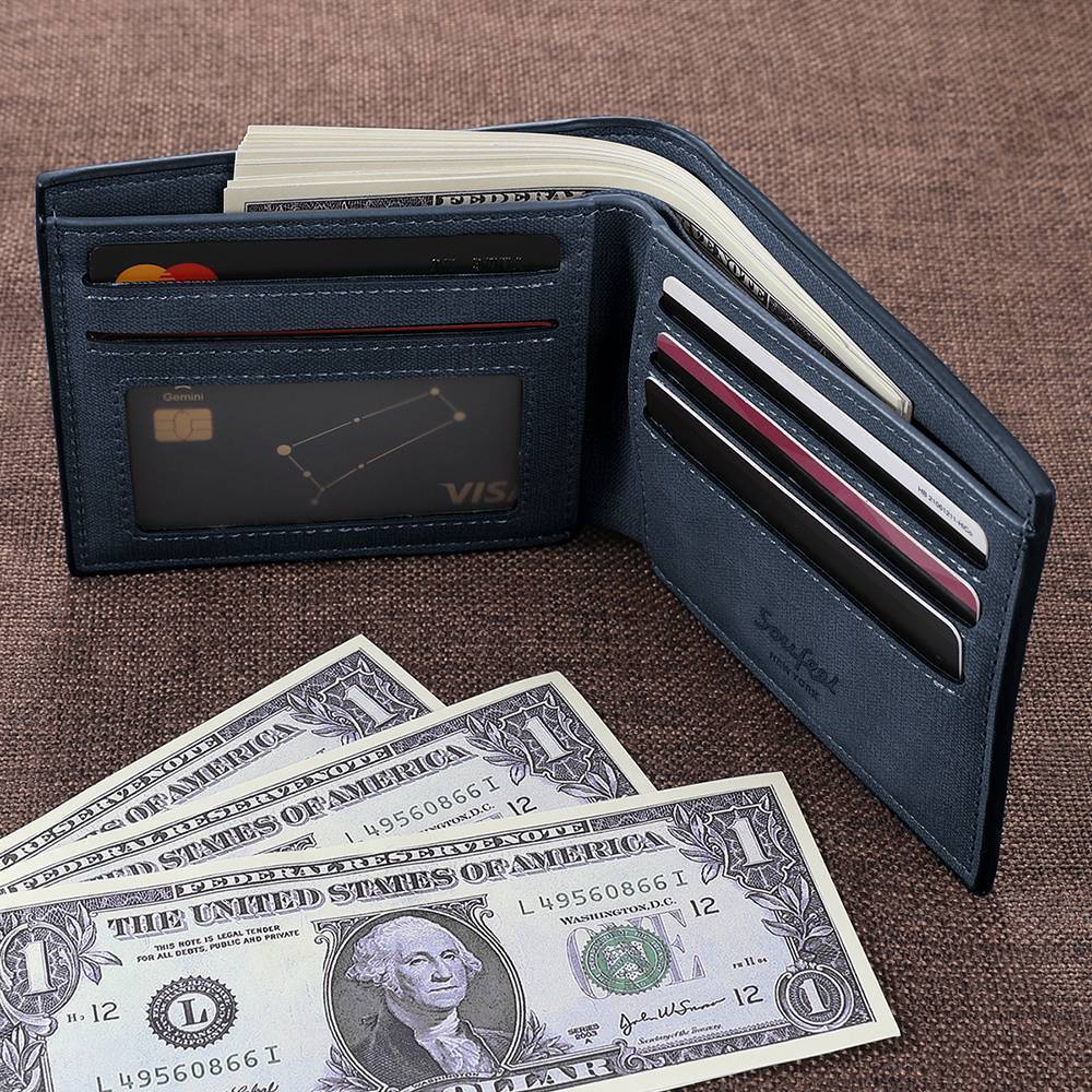 Men's Bifold Custom Inscription Photo Wallet - Blue Leather Gift for Men