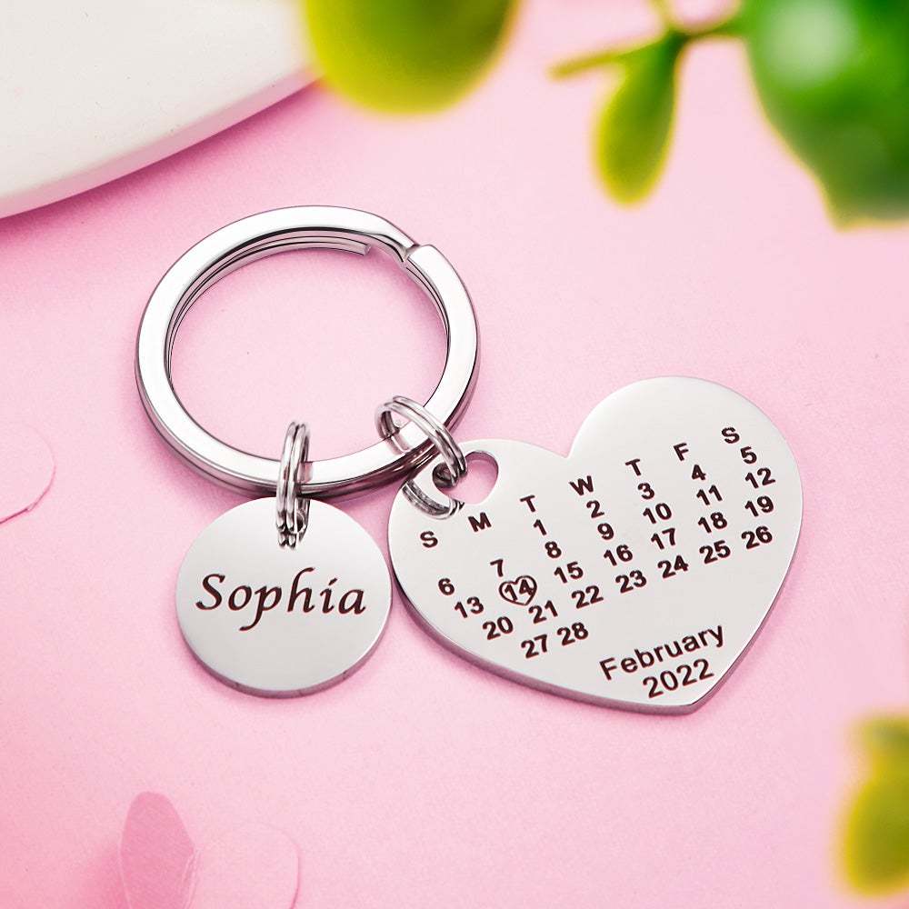 Custom Engraved Heart Calendar Keychain Save The Date Keychain Valentine's Day Gift - soufeelau
