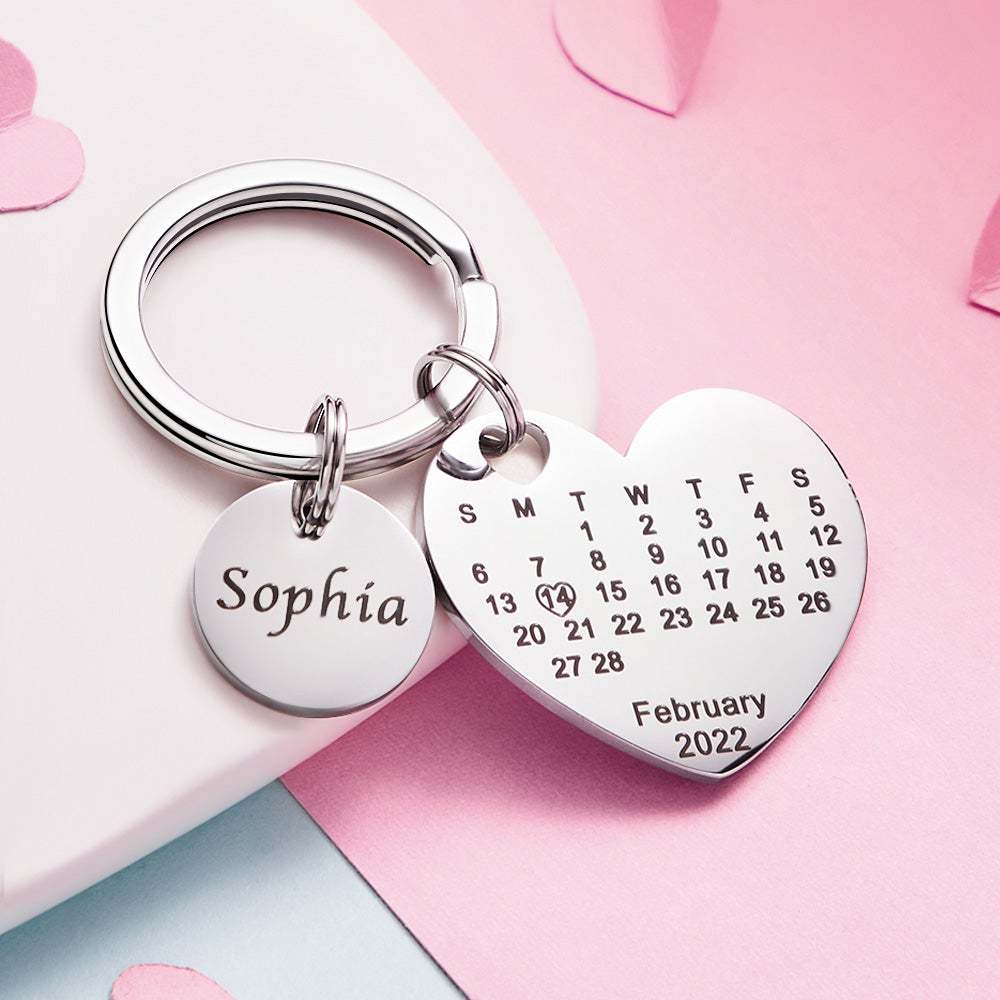 Custom Engraved Heart Calendar Keychain Save The Date Keychain Valentine's Day Gift - soufeelau