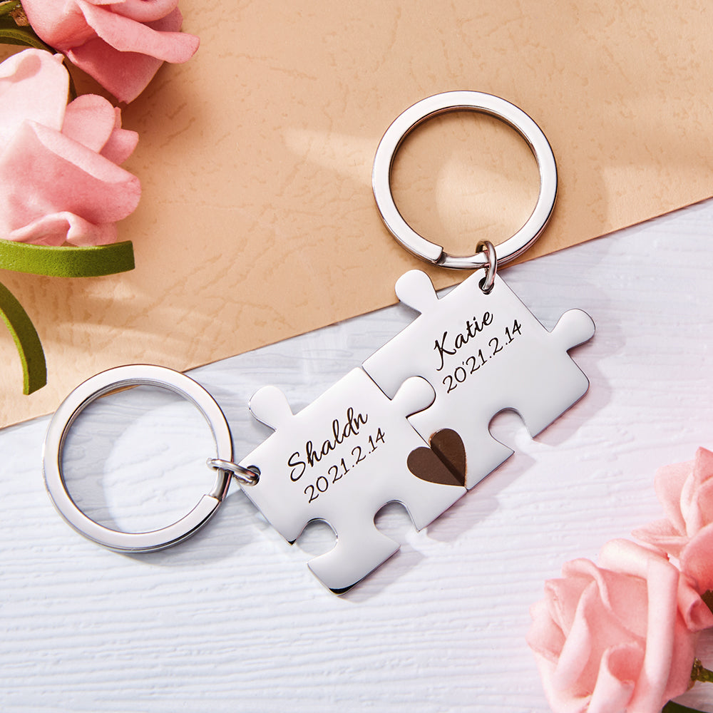 Custom Engraved Couple Keychain Set Personalized Puzzle Key Ring Valentine's Day Gifts - soufeelau
