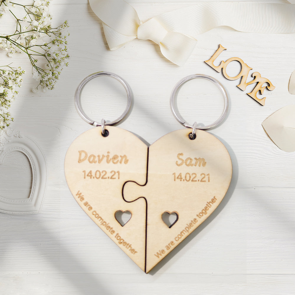 Personalized Puzzle Keychain Set Engraved Jigsaw Heart Shaped Key Ring Gift for Lovers - soufeelau