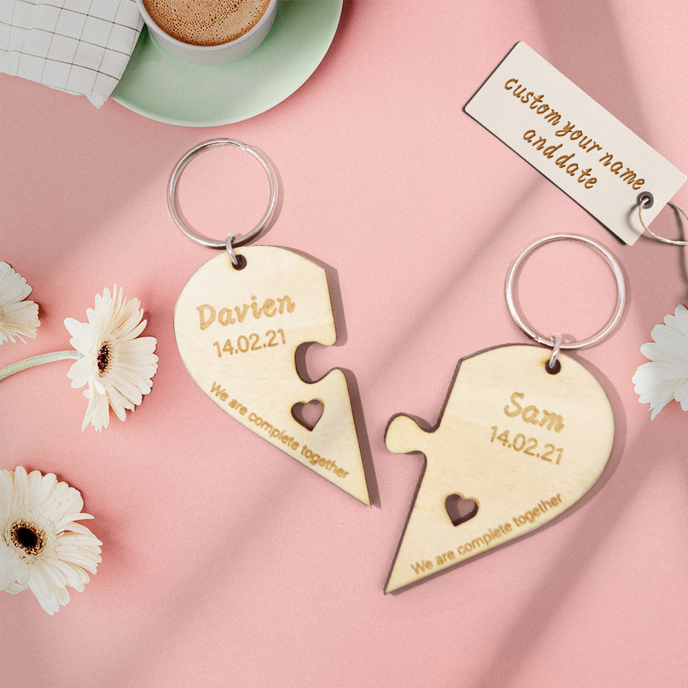 Personalized Puzzle Keychain Set Engraved Jigsaw Heart Shaped Key Ring Gift for Lovers - soufeelau