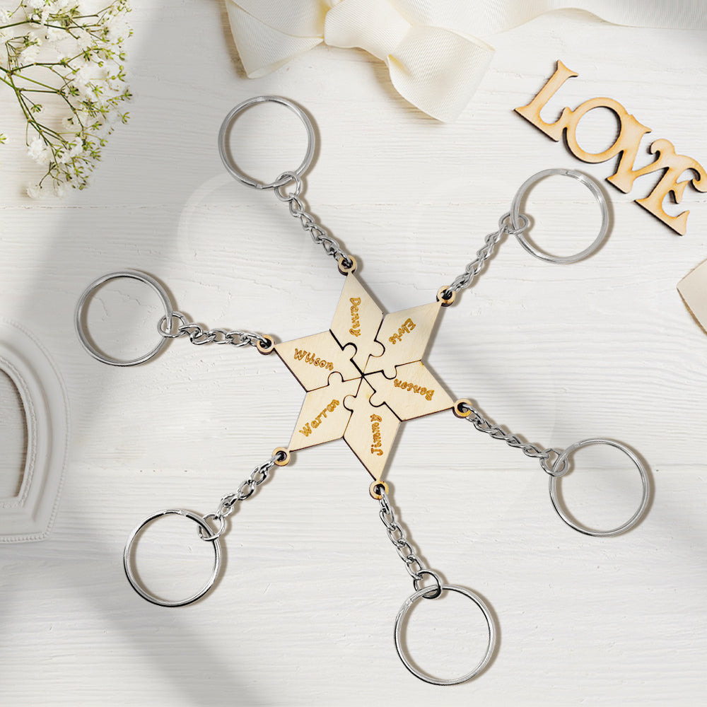 Personalized Puzzle Keychain Set Engraved 6 Pieces Jigsaw Keychain Wooden Key Ring - soufeelau