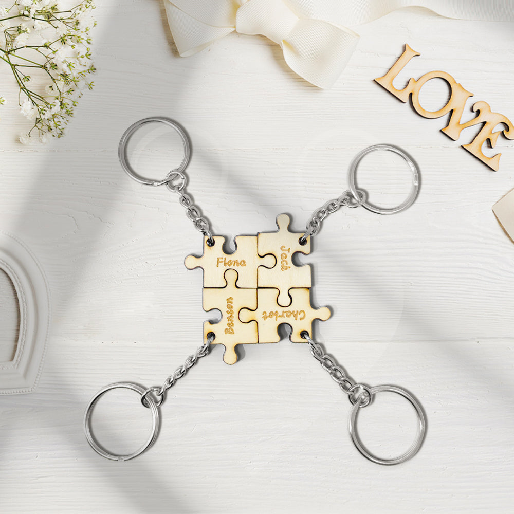 Personalized Puzzle Keychain Set Engraved 4 Pieces Jigsaw Keychain Wooden Key Ring - soufeelau