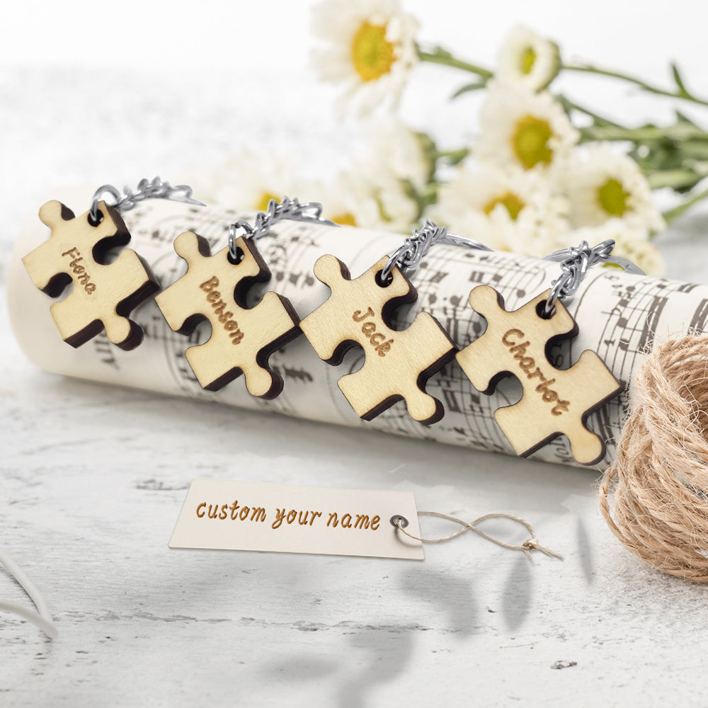 Personalized Puzzle Keychain Set Engraved 4 Pieces Jigsaw Keychain Wooden Key Ring - soufeelau