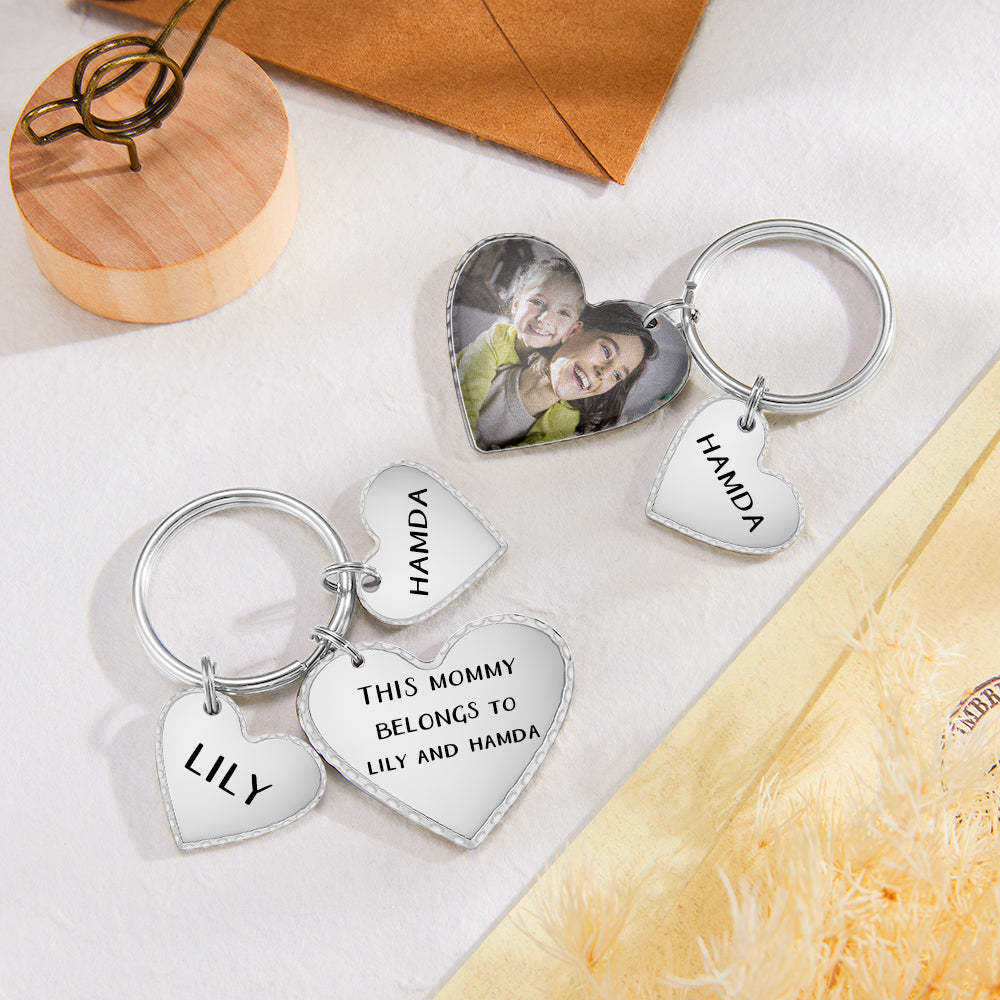 Custom Heart Photo Text Keychain with Small Heart Pendant Mother's Day Gifts - soufeelau