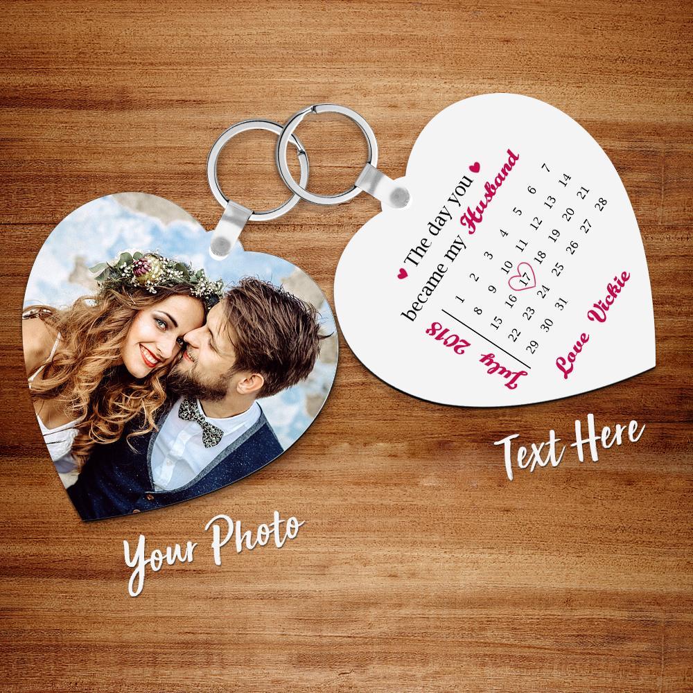 Custom Photo Engraved Keychain Heart Shaped Personalised Calendar Keyring Gift For Lover - soufeelau