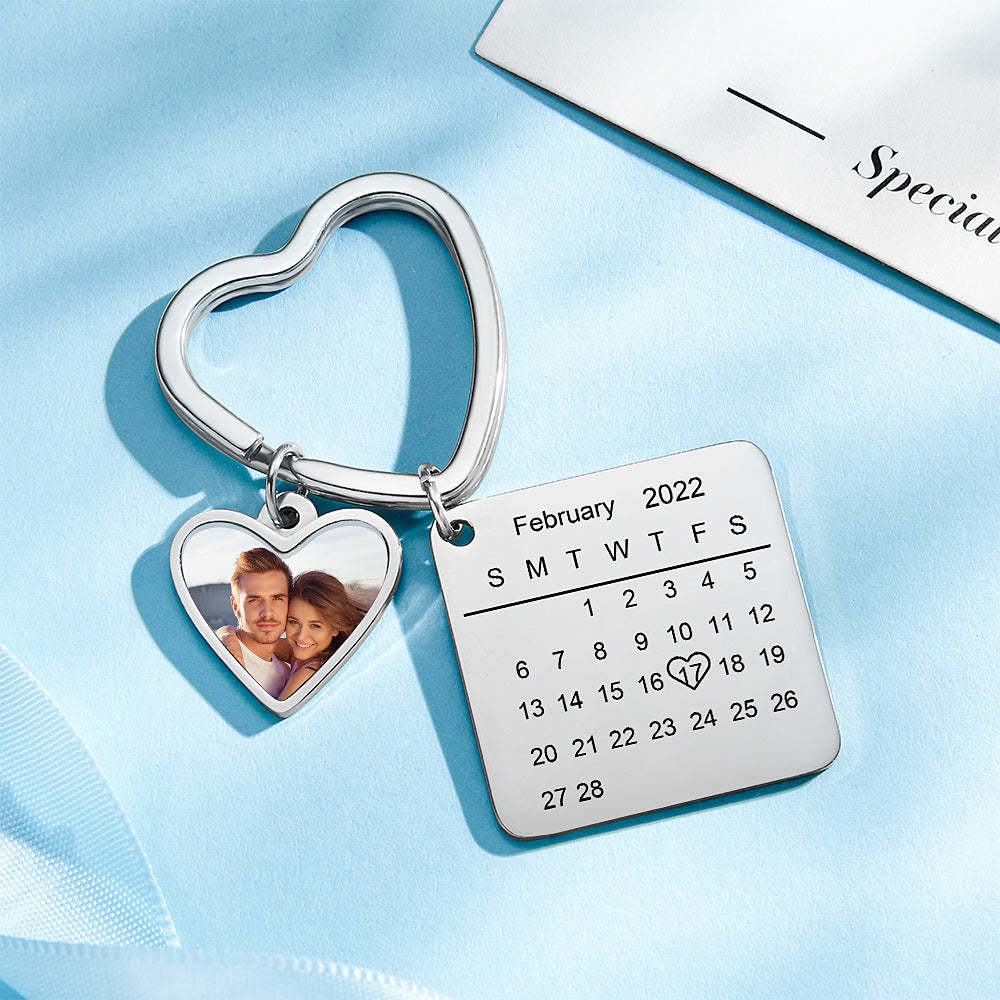 Custom Photo Calendar Keychain Heart Pendant Key Ring Save the Date for Couples - soufeelau