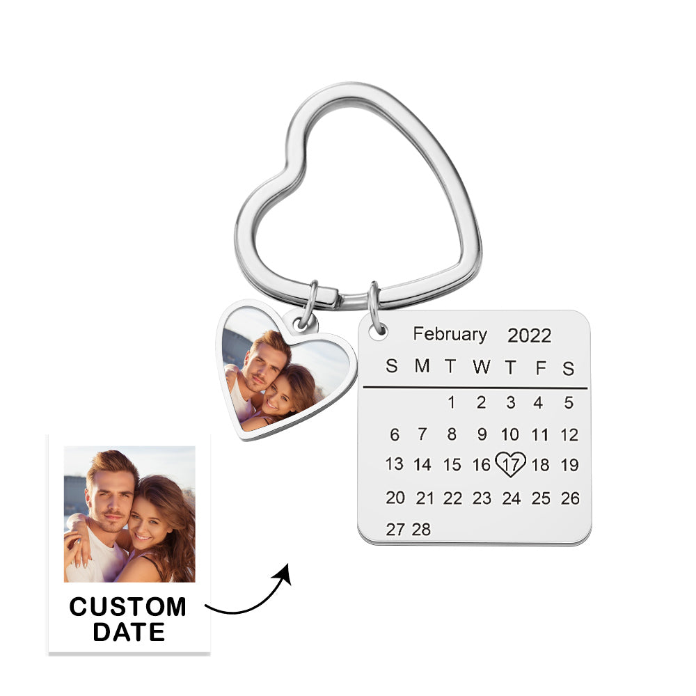 Custom Photo Calendar Keychain Heart Pendant Key Ring Save the Date for Couples - soufeelau