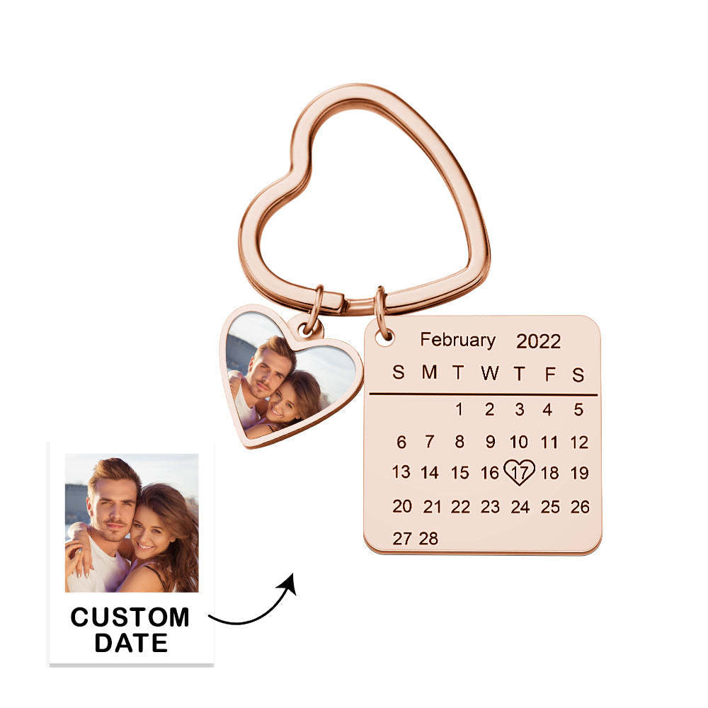 Custom Photo Calendar Keychain Heart Pendant Key Ring Save the Date for Couples - soufeelau
