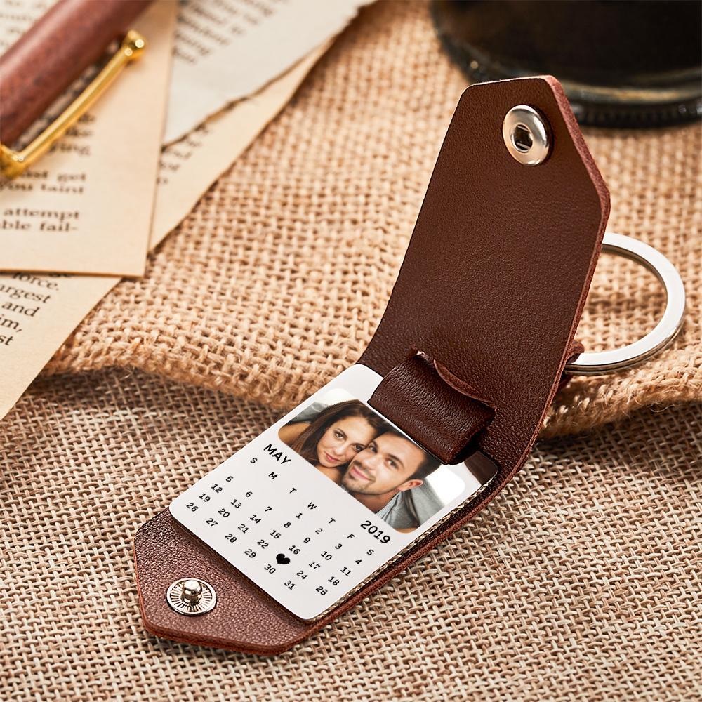 Leather Photo Keychain, Custom Boyfriend Gift, Anniversary Gifts For Boyfriend, Custom Picture Keychain With Engraved Text - soufeelau