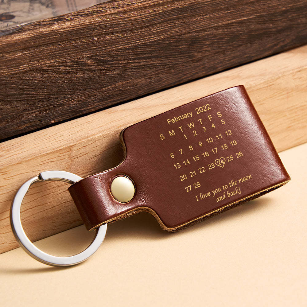 Custom Engraved Calendar Date Keychain Leather Keyring Anniversary Gift - soufeelau