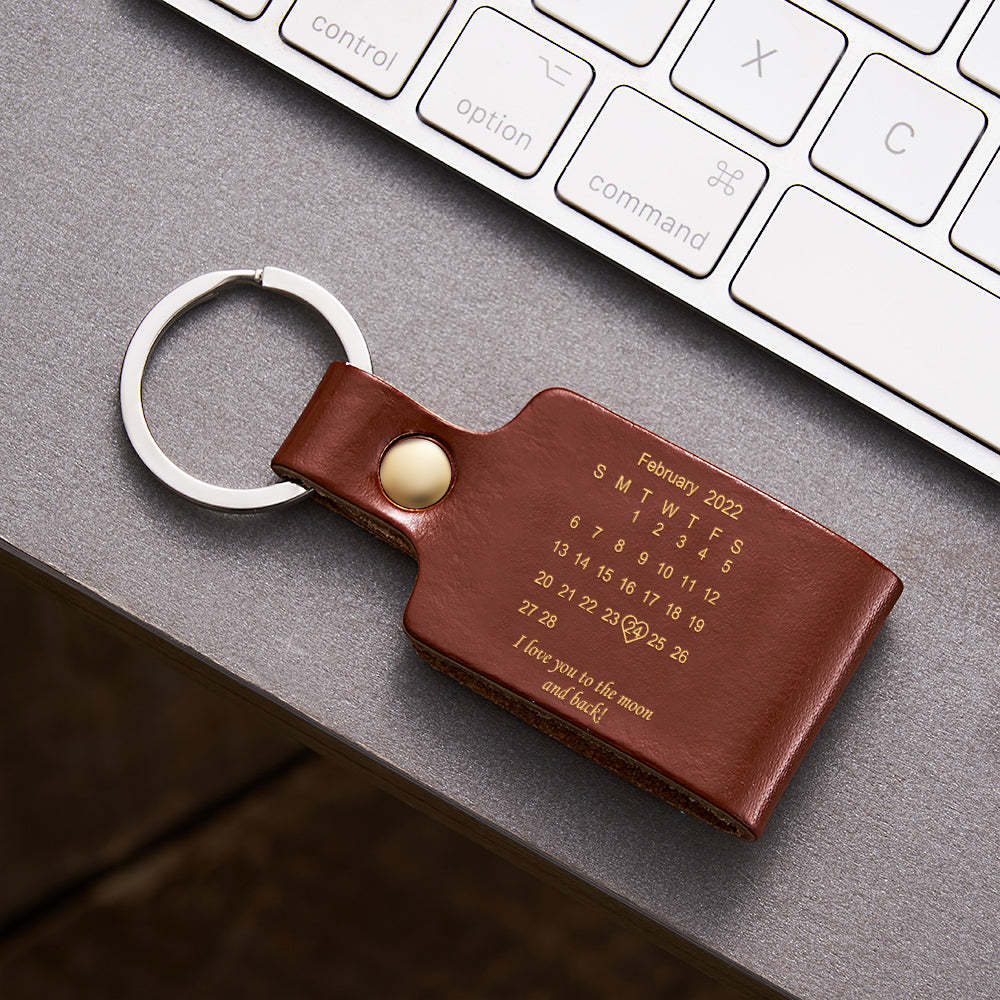 Custom Engraved Calendar Date Keychain Leather Keyring Anniversary Gift - soufeelau