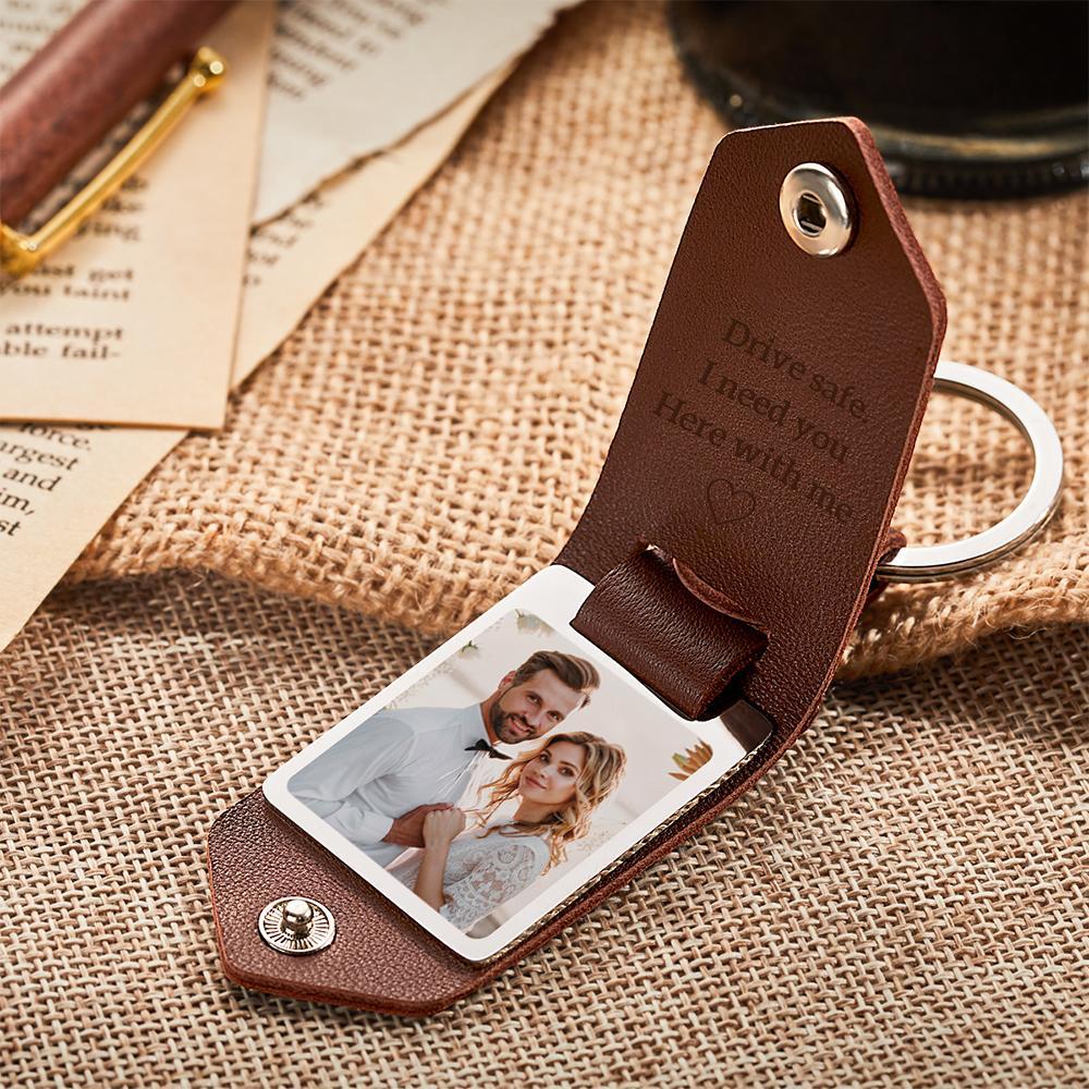 Custom Leather Photo Text Keychain Anniversary Gift For Boyfriend With Engraved Text - soufeelau