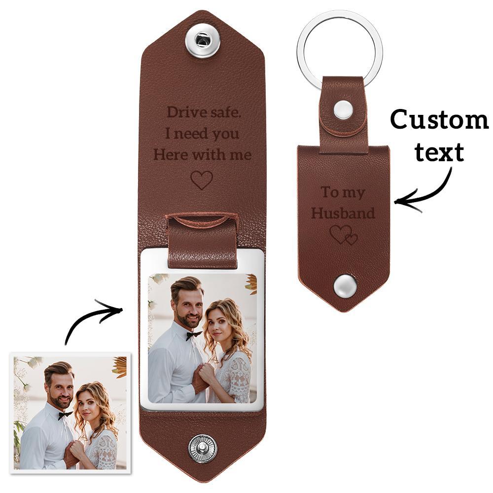 Custom Leather Photo Text Keychain Anniversary Gift For Boyfriend With Engraved Text - soufeelau