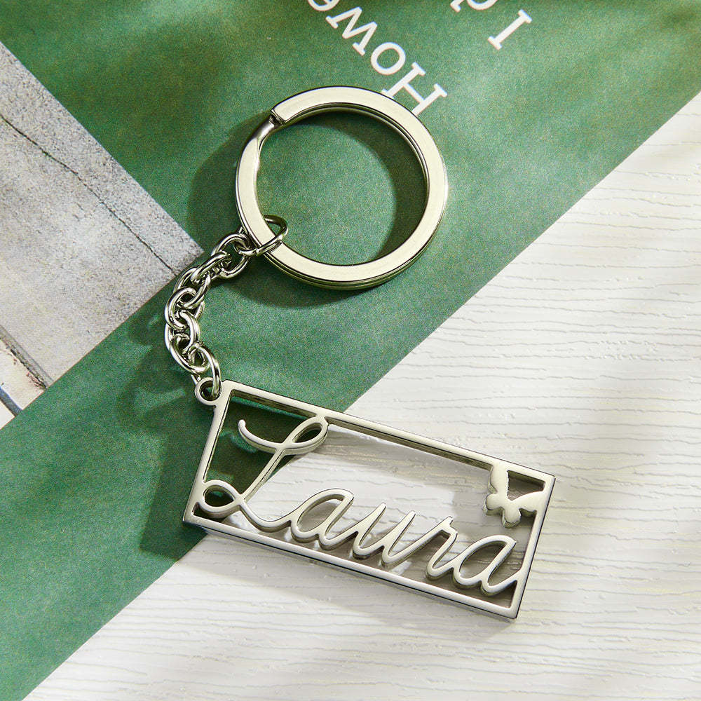 Personalized Name Rectangle Border Keychain Custom Text Stainless Steel  Key Holder Creative Gifts for Him - soufeelau
