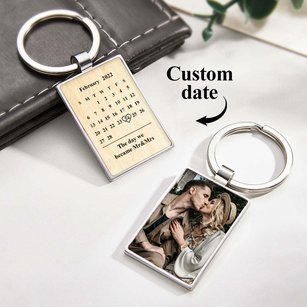 Personalized Photo Calendar Keychain Custom Engraved Picture Keyring Anniversary Gift - soufeelau