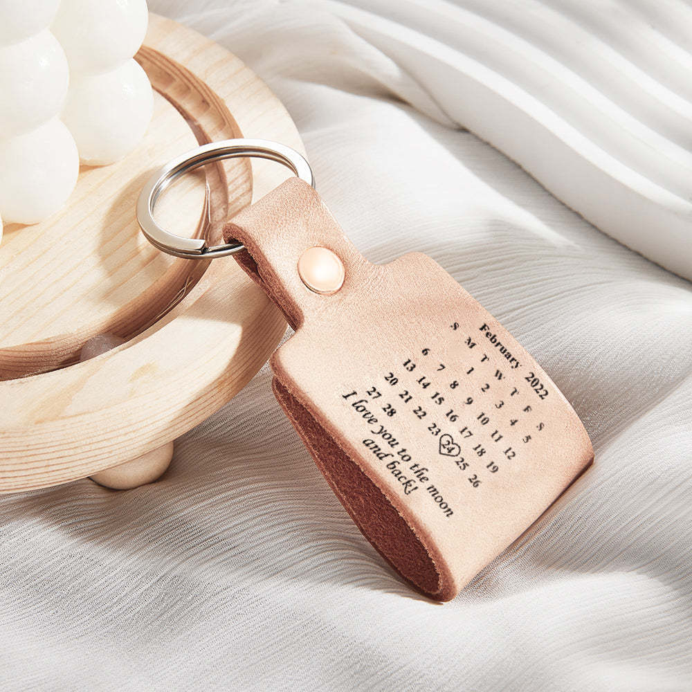 Personalized Calendar Leather Keychain Custom Engraved Date Elegant Keyring Anniversary Gift - soufeelau