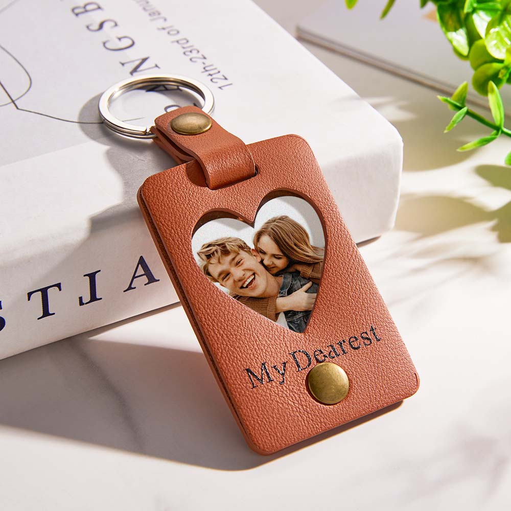 Custom Photo Engraved Keychains Heart-shaped Leather Gifts for Couple - soufeelau