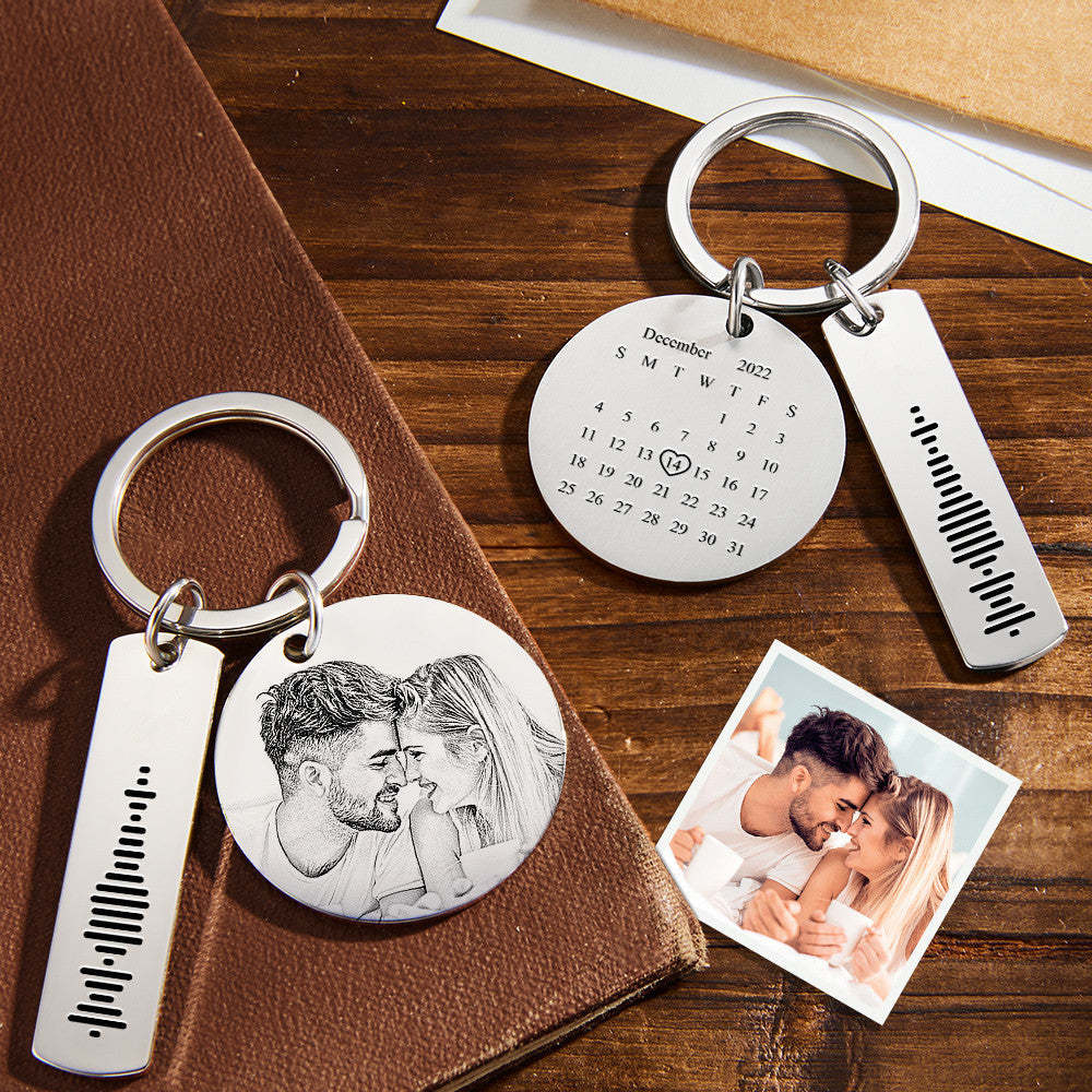 Custom Photo Calendar Music Keychain Personalized Stainless Steel Keychain Gift for Lover - soufeelau