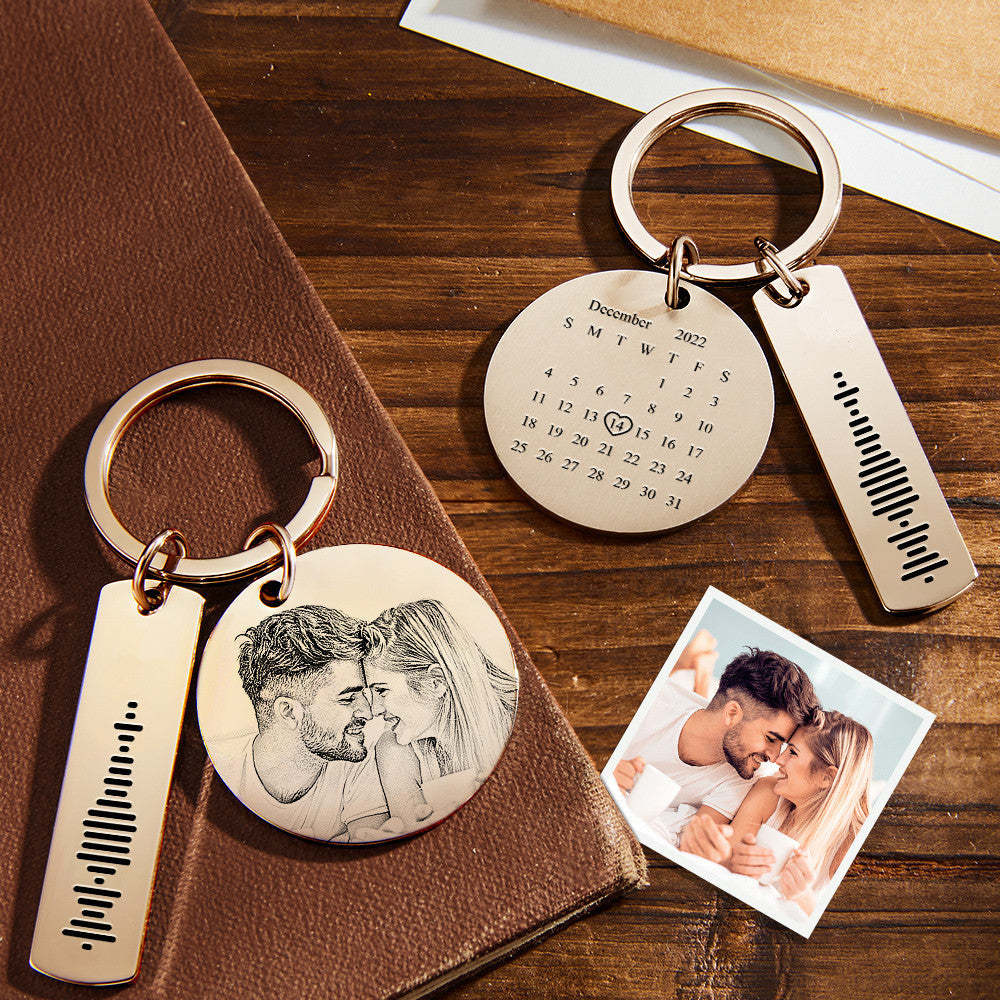 Custom Photo Calendar Music Keychain Personalized Stainless Steel Keychain Gift for Lover - soufeelau