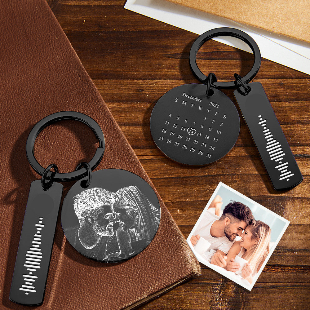 Custom Photo Calendar Music Keychain Personalized Stainless Steel Keychain Gift for Lover - soufeelau