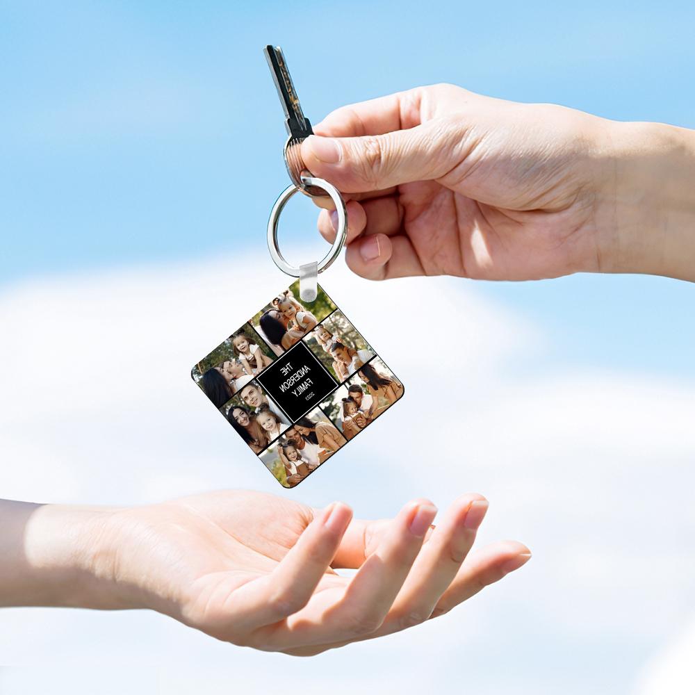 Custom Multiphoto Engraved Keychain Square Collage Editable Color Gift Photo Keychain - soufeelau