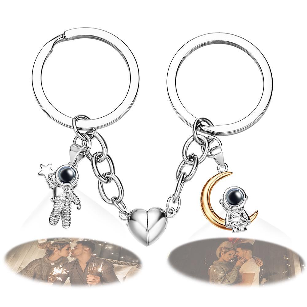 2pcs Couple Magnetic Heart & Spaceman Charm Projection Photo Key Chain Anniversary Gifts for Him - soufeelau